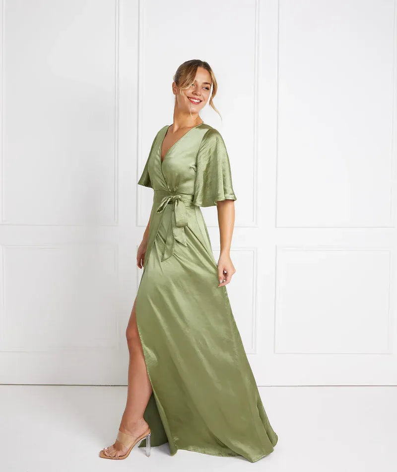 Dress Fashion Wrap Tie Bridesmaid Dress Maxi Dress Solid Color Champagne Flutter Sleeve Column Prom Dress