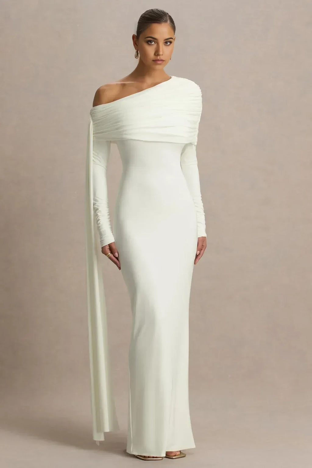 Gripping Mermaid One Shoulder Draped Sleeve Zip Back Floor Length Evening Dress