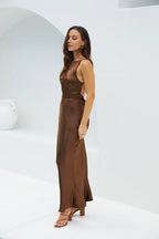Brown HOT Sale High Boat Neck Sleeveless Solid Color Formal Elegant Mermaid Floor Length Prom Dresses
