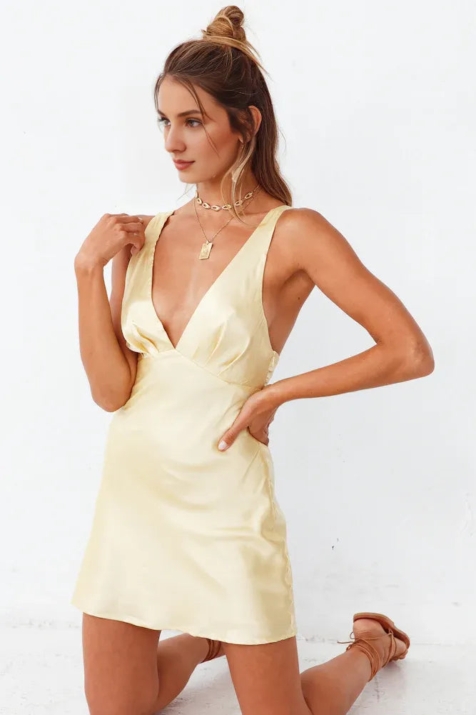 Yellow HOT Sale Simple Deep V Neck Shein A-Line Sleeveless Solid Color Short Homecoming Dress