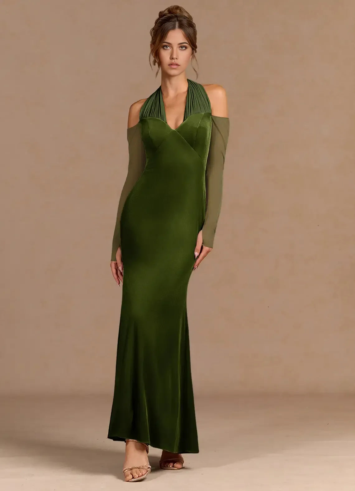 Halter Neck Mesh Sleeve Velvet Mermaid Cold Shoulder Zipper Back Floor Length For Sale Prom Dress