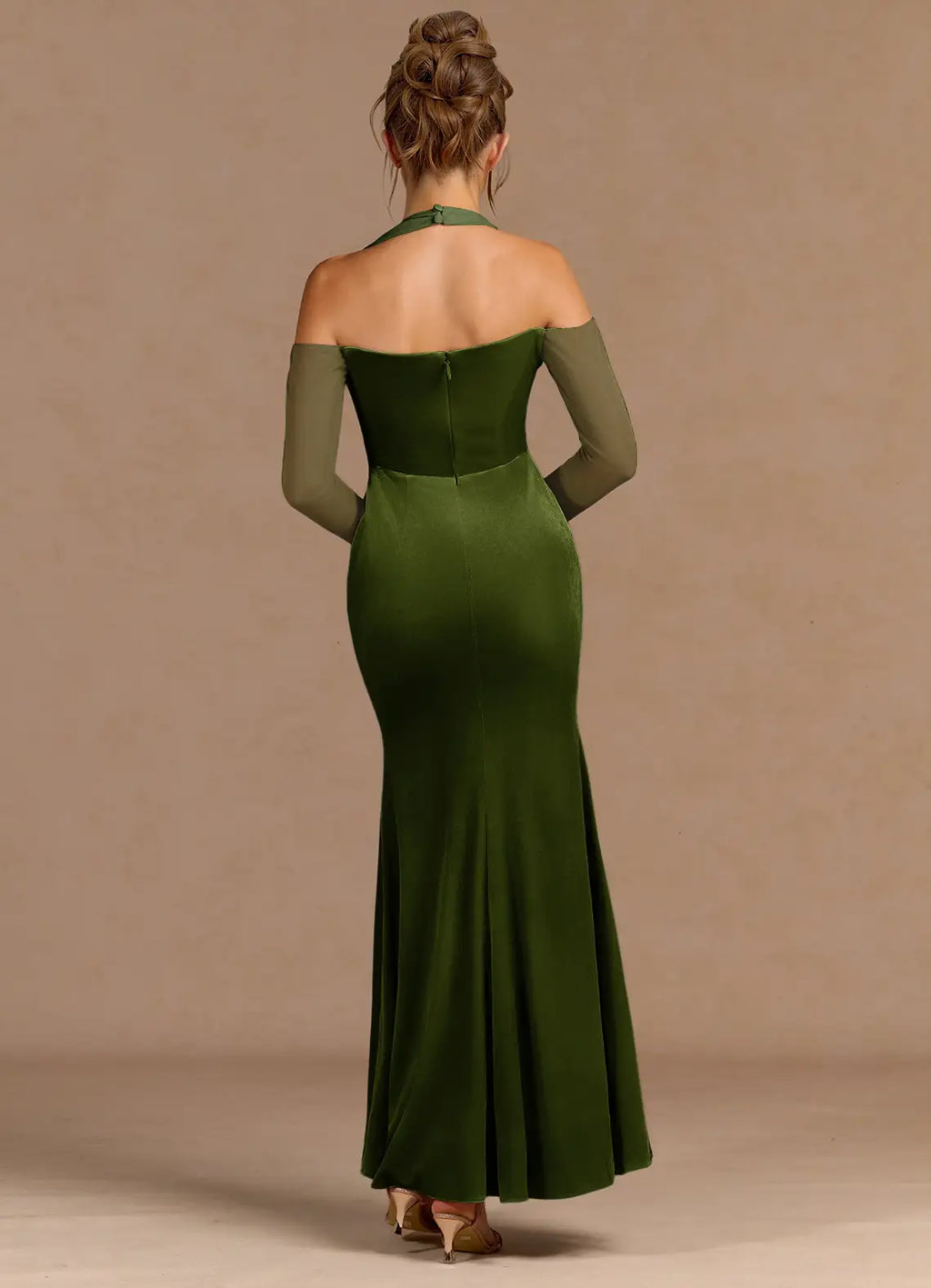 Halter Neck Mesh Sleeve Velvet Mermaid Cold Shoulder Zipper Back Floor Length For Sale Prom Dress