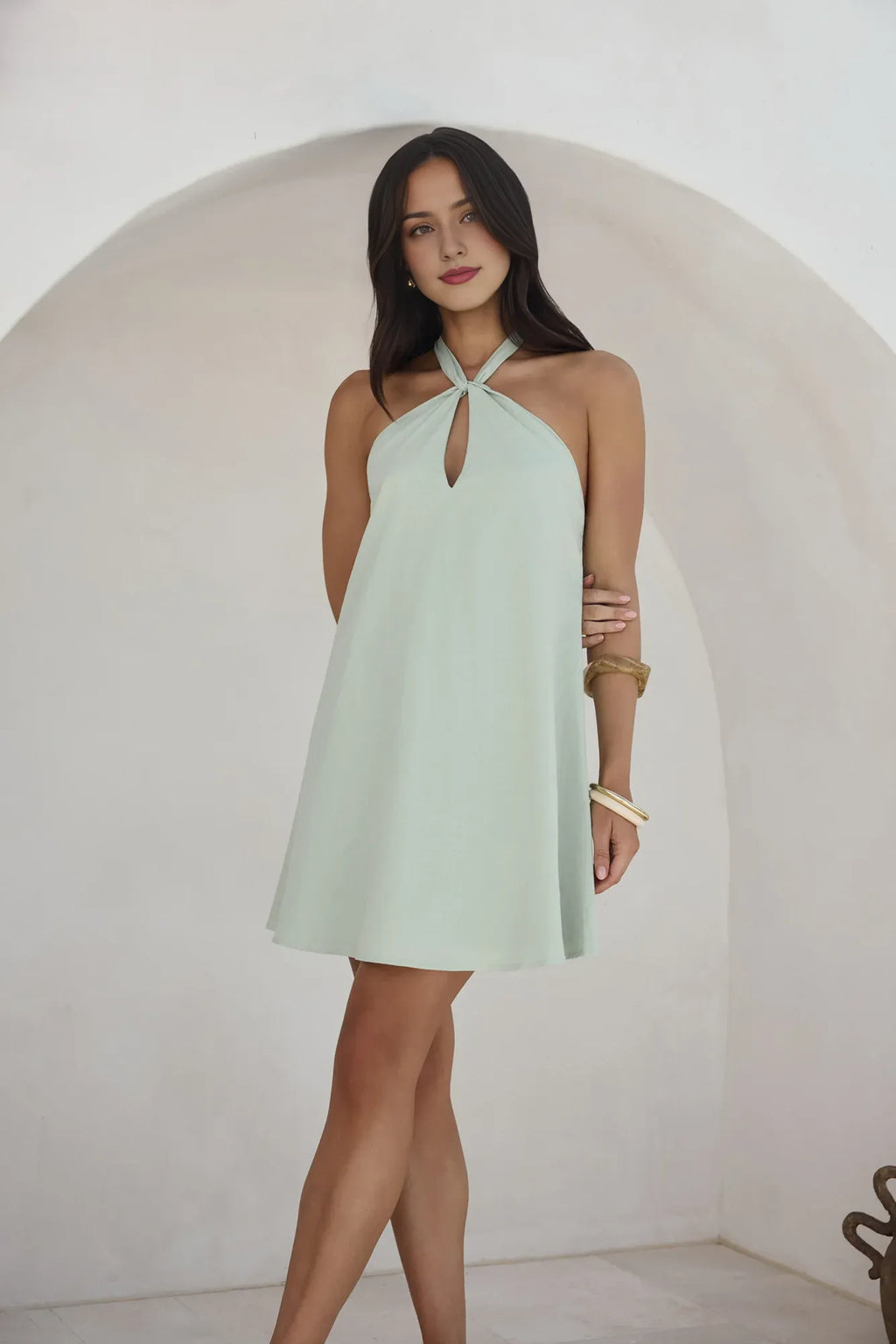 Yellow Halter Neck Knee Length Dress Sleeveless A-Line Simple Solid Color Homecoming Dress