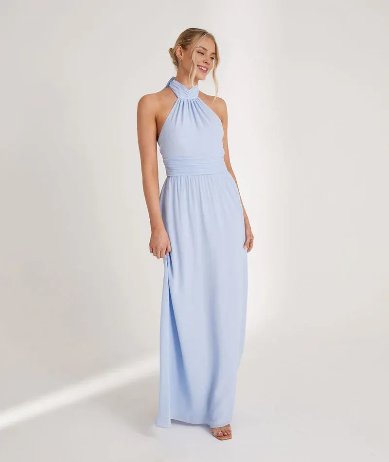 Dress Fashion Halter Neck Pleated Waist Bridesmaid Dress Maxi Dress Solid Color Emerald Sleeveless A-Line Prom Dress