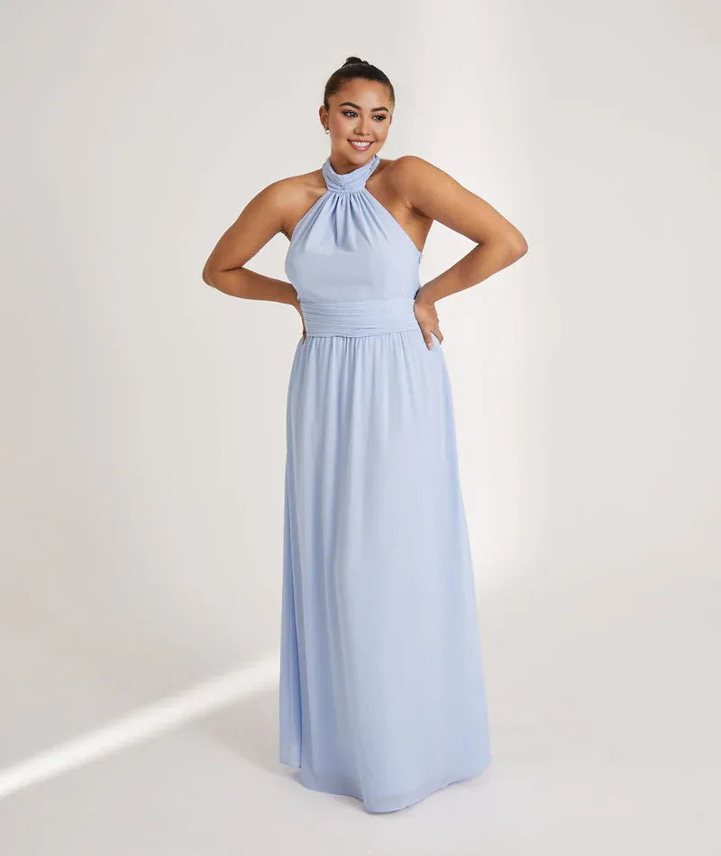 Dress Fashion Halter Neck Pleated Waist Bridesmaid Dress Maxi Dress Solid Color Emerald Sleeveless A-Line Prom Dress