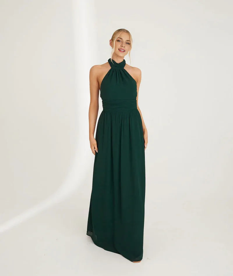 Dress Fashion Halter Neck Pleated Waist Bridesmaid Dress Maxi Dress Solid Color Emerald Sleeveless A-Line Prom Dress