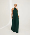 Dress Fashion Halter Neck Pleated Waist Bridesmaid Dress Maxi Dress Solid Color Emerald Sleeveless A-Line Prom Dress
