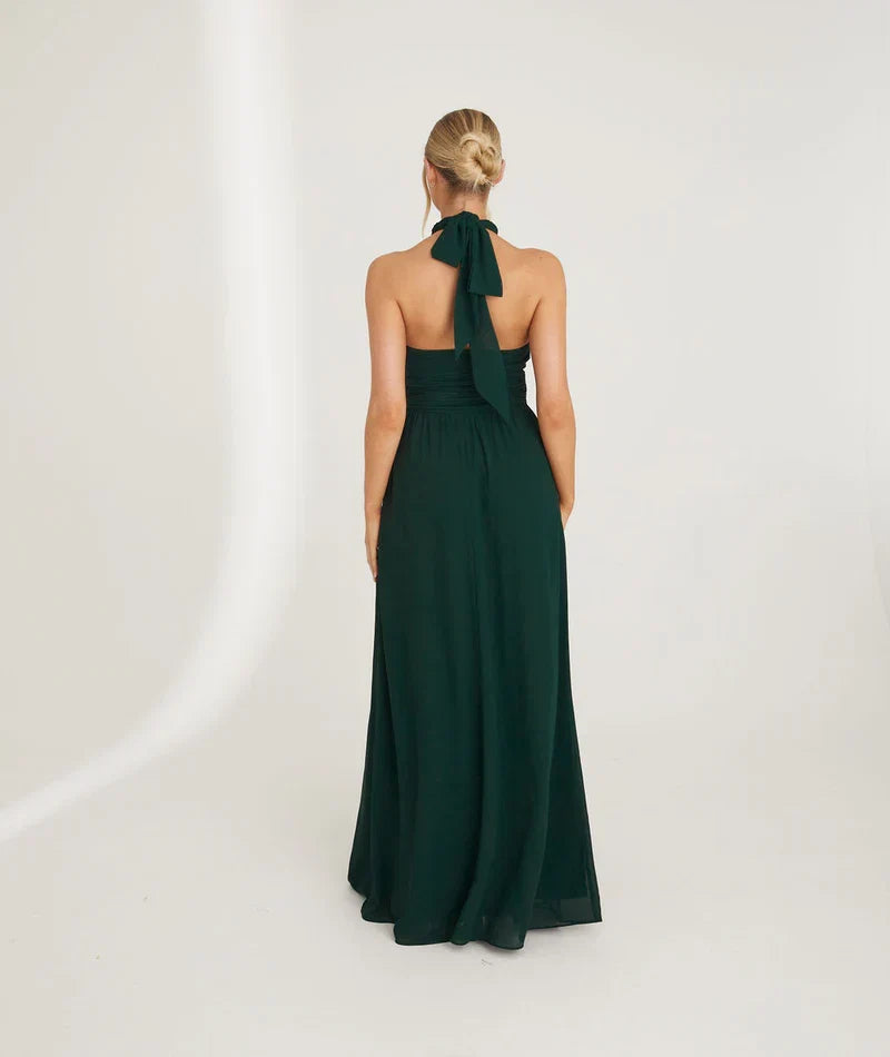 Dress Fashion Halter Neck Pleated Waist Bridesmaid Dress Maxi Dress Solid Color Emerald Sleeveless A-Line Prom Dress