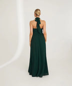 Dress Fashion Halter Neck Pleated Waist Bridesmaid Dress Maxi Dress Solid Color Emerald Sleeveless A-Line Prom Dress