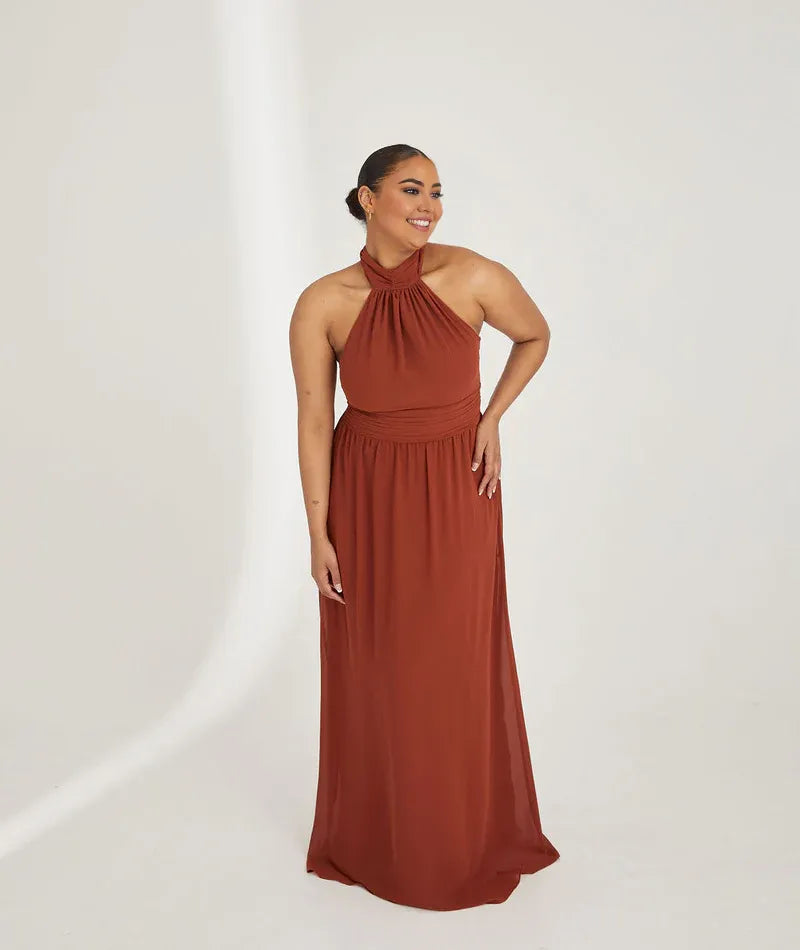 Dress Fashion Halter Neck Pleated Waist Bridesmaid Dress Maxi Dress Solid Color Emerald Sleeveless A-Line Prom Dress
