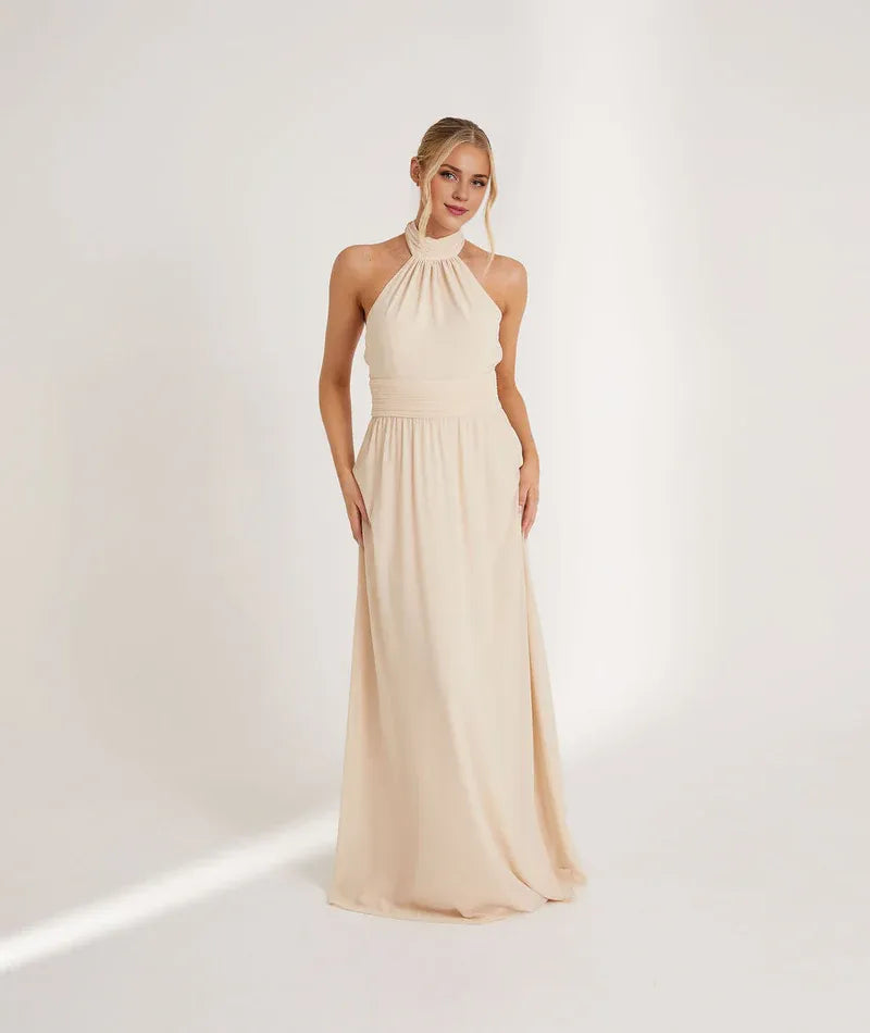 Dress Fashion Halter Neck Pleated Waist Bridesmaid Dress Maxi Dress Solid Color Emerald Sleeveless A-Line Prom Dress