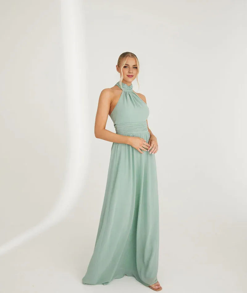 Dress Fashion Halter Neck Pleated Waist Bridesmaid Dress Maxi Dress Solid Color Emerald Sleeveless A-Line Prom Dress