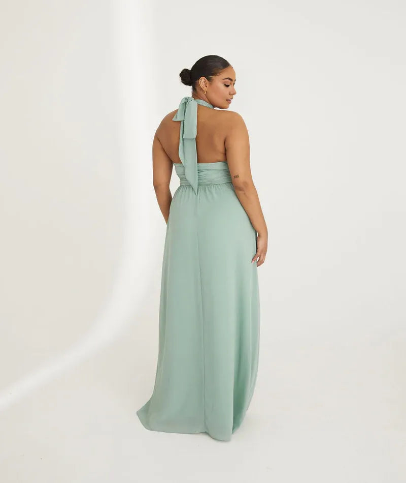 Dress Fashion Halter Neck Pleated Waist Bridesmaid Dress Maxi Dress Solid Color Emerald Sleeveless A-Line Prom Dress