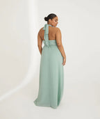Dress Fashion Halter Neck Pleated Waist Bridesmaid Dress Maxi Dress Solid Color Emerald Sleeveless A-Line Prom Dress
