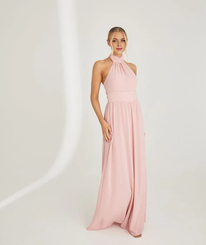 Dress Fashion Halter Neck Pleated Waist Bridesmaid Dress Maxi Dress Solid Color Emerald Sleeveless A-Line Prom Dress