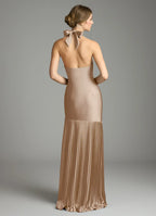 Halter Neck Satin Bridesmaid Dress with Pleated Skirt, Open Back and High Slit