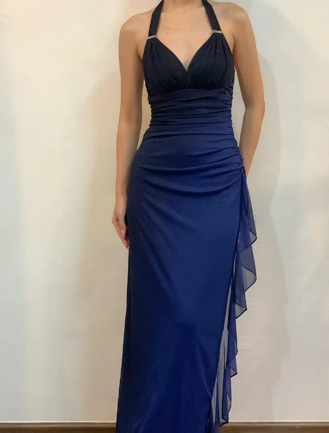 Halter Ombre Navy Blue Long Chiffon Prom Dress