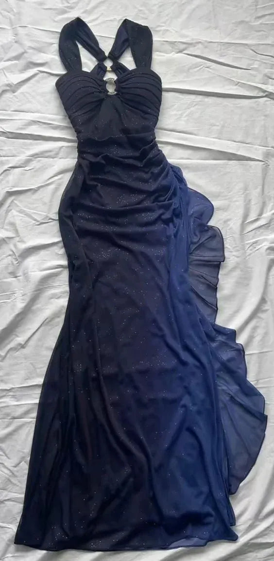 Halter Ombre Navy Blue Long Chiffon Prom Dress