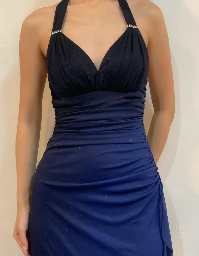 Halter Ombre Navy Blue Long Chiffon Prom Dress