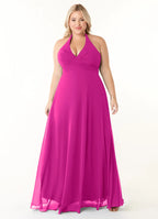 Halter neck chiffon bridesmaid dress with ruched waist and open back