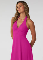 Halter neck chiffon bridesmaid dress with ruched waist and open back
