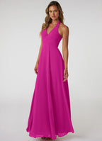Halter neck chiffon bridesmaid dress with ruched waist and open back