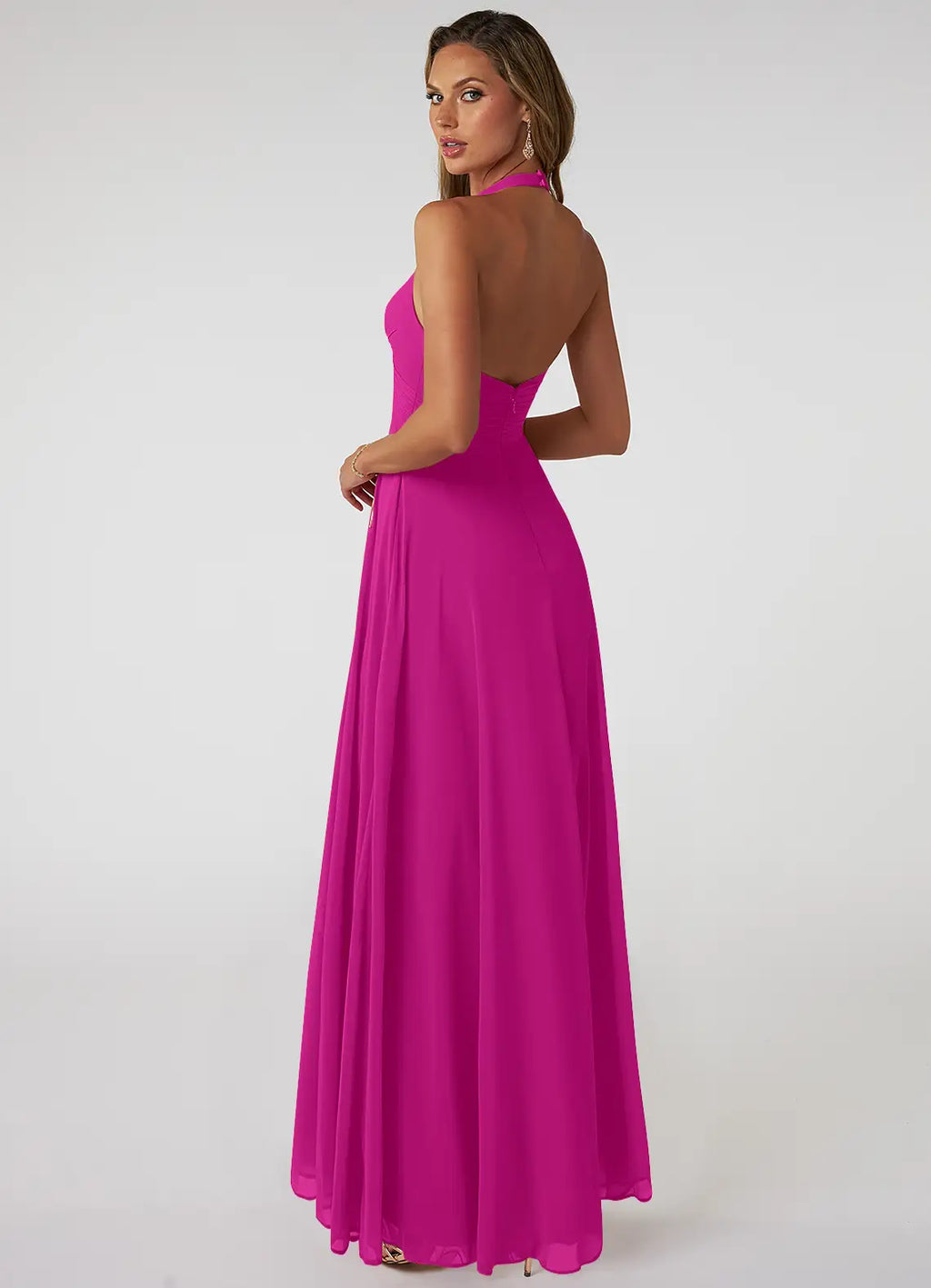 Halter neck chiffon bridesmaid dress with ruched waist and open back