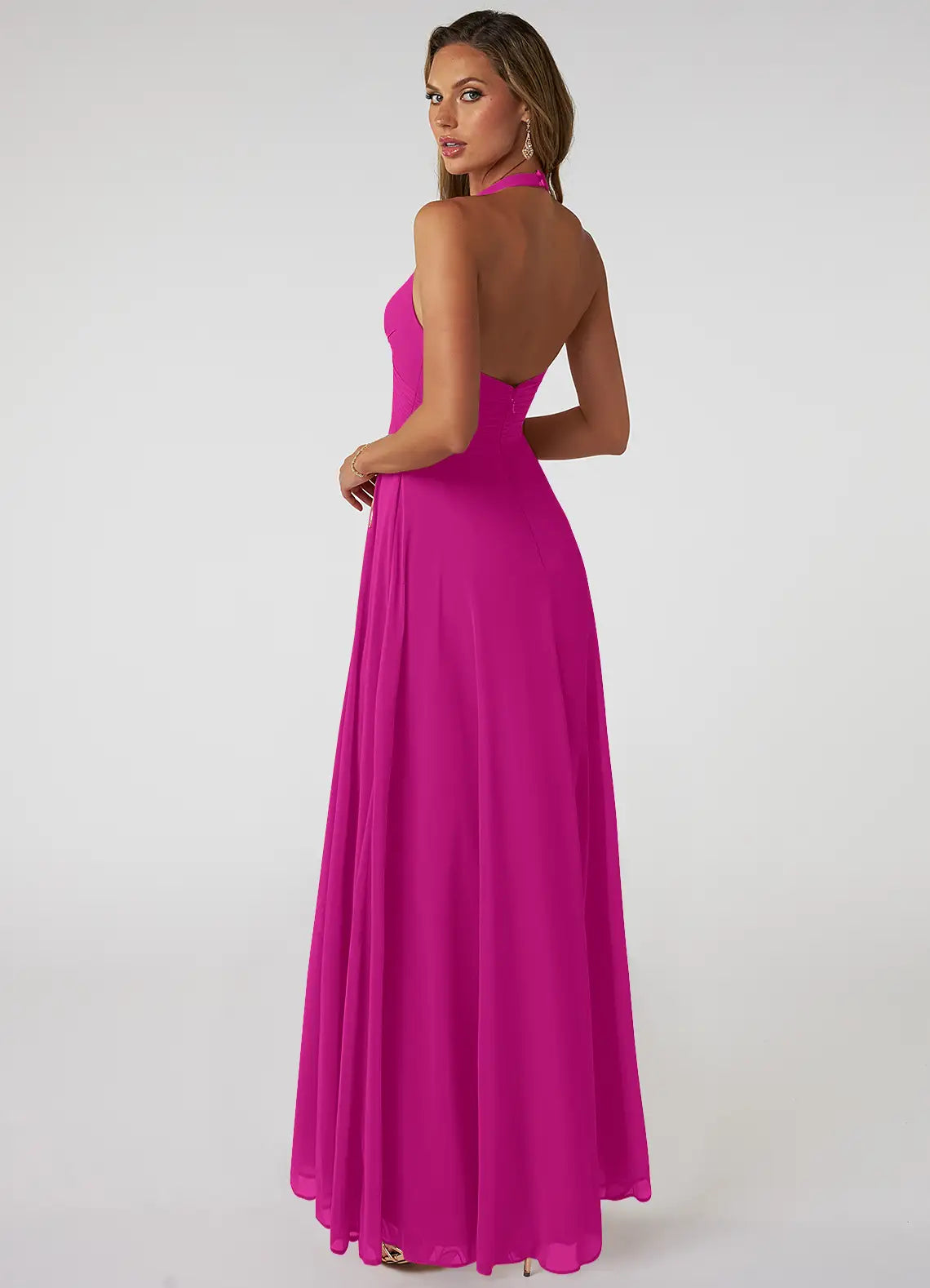 Halter neck chiffon bridesmaid dress with ruched waist and open back