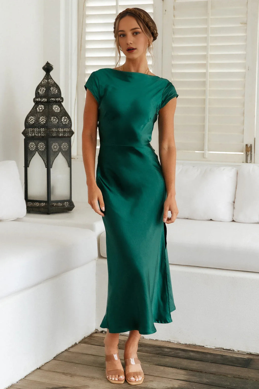 Green High Cowl Neck Ankle-Length Open Back Dress Forest Cap Sleeves Sheath Mermaid Elegant Twisted Band Prom Dress