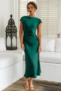 Green High Cowl Neck Ankle-Length Open Back Dress Forest Cap Sleeves Sheath Mermaid Elegant Twisted Band Prom Dress