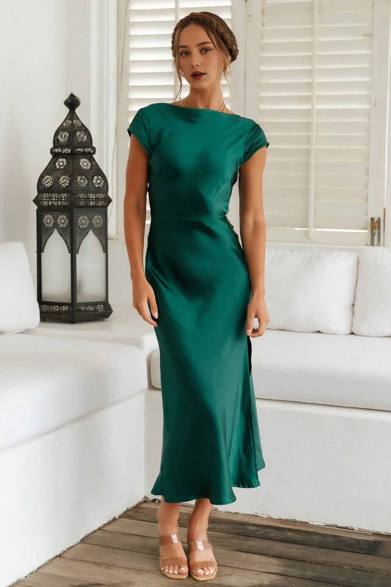 Green High Cowl Neck Ankle-Length Open Back Dress Forest Cap Sleeves Sheath Mermaid Elegant Twisted Band Prom Dress