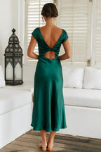 Green High Cowl Neck Ankle-Length Open Back Dress Forest Cap Sleeves Sheath Mermaid Elegant Twisted Band Prom Dress
