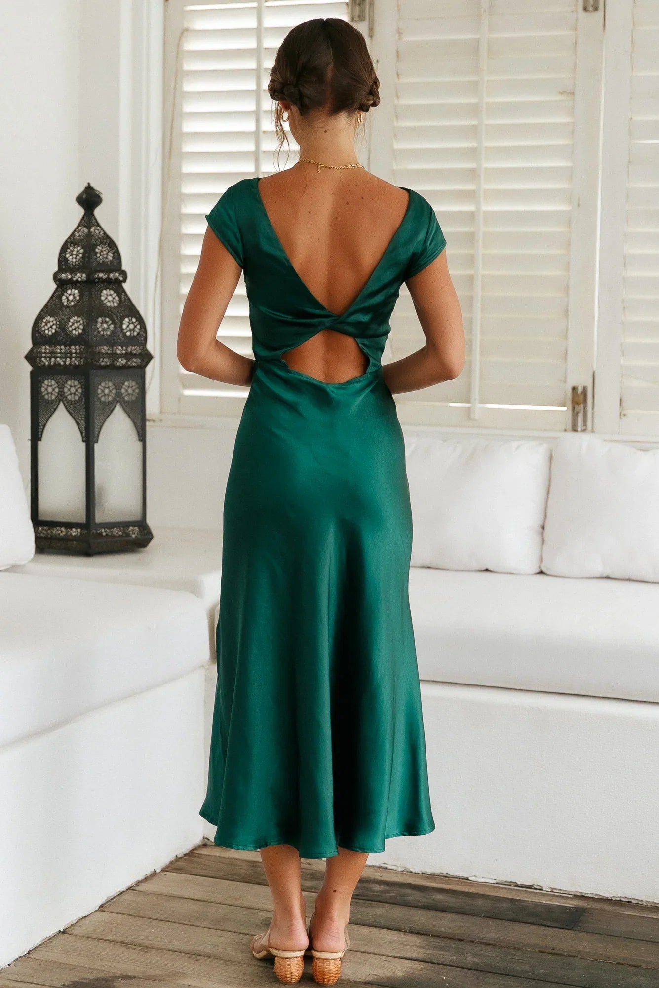 Green High Cowl Neck Ankle-Length Open Back Dress Forest Cap Sleeves Sheath Mermaid Elegant Twisted Band Prom Dress