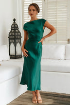Green High Cowl Neck Ankle-Length Open Back Dress Forest Cap Sleeves Sheath Mermaid Elegant Twisted Band Prom Dress