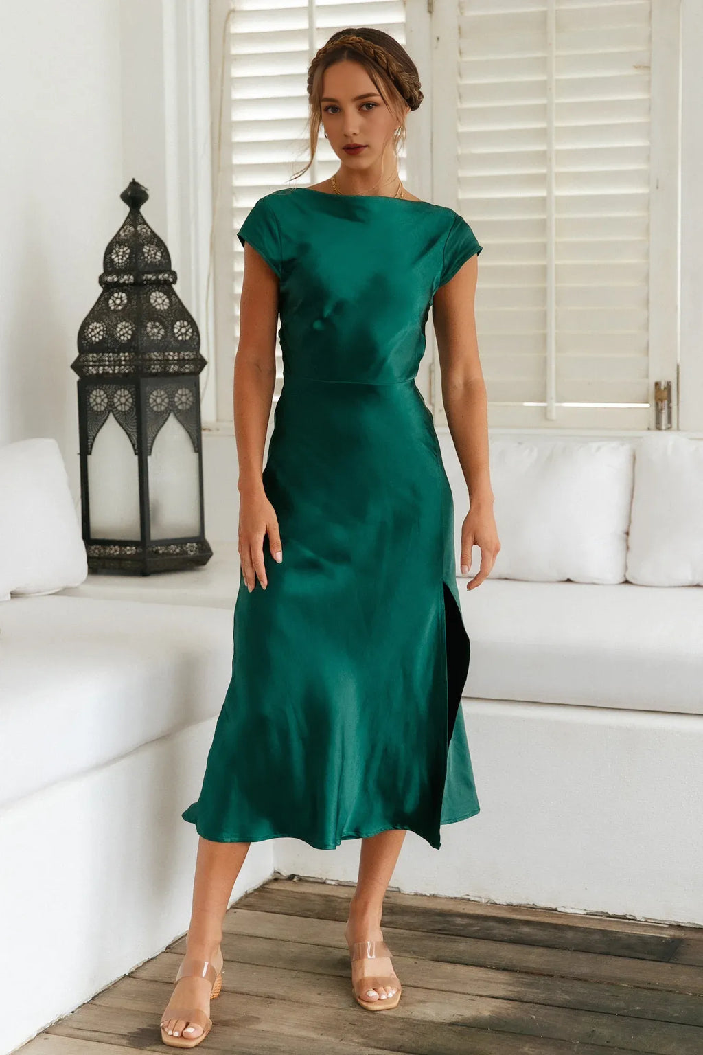 Green High Cowl Neck Ankle-Length Open Back Dress Forest Cap Sleeves Sheath Mermaid Elegant Twisted Band Prom Dress
