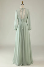 High Neck Long Sleeves Column V-Back Fashion Floor length Party Dress Hot Sale For ladies