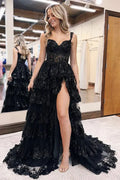 Pink Hot Pink Sweetheart Corset Tie Ruffle High Slit Prom Dress