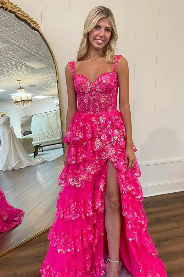Pink Hot Pink Sweetheart Corset Tie Ruffle High Slit Prom Dress