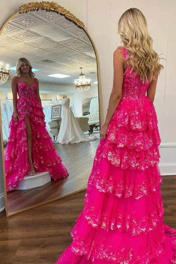 Pink Hot Pink Sweetheart Corset Tie Ruffle High Slit Prom Dress