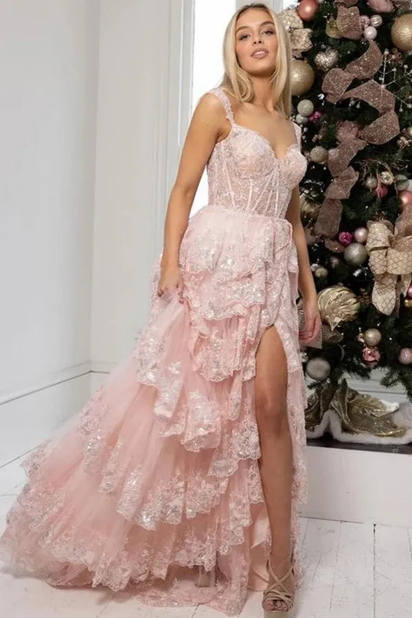 Pink Hot Pink Sweetheart Corset Tie Ruffle High Slit Prom Dress