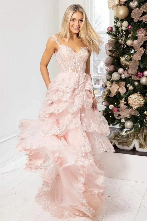 Pink Hot Pink Sweetheart Corset Tie Ruffle High Slit Prom Dress