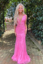 Pink Hot Deep V Neck Applique Open Back Mermaid Prom Dress