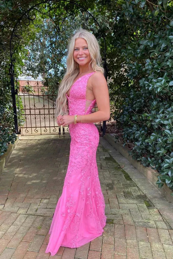 Pink Hot Deep V Neck Applique Open Back Mermaid Prom Dress
