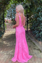 Pink Hot Deep V Neck Applique Open Back Mermaid Prom Dress