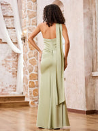 Chiffon Halter Neck Ruched Bodice High-Slit Sheath Floor-Length Bridesmaid Dresses