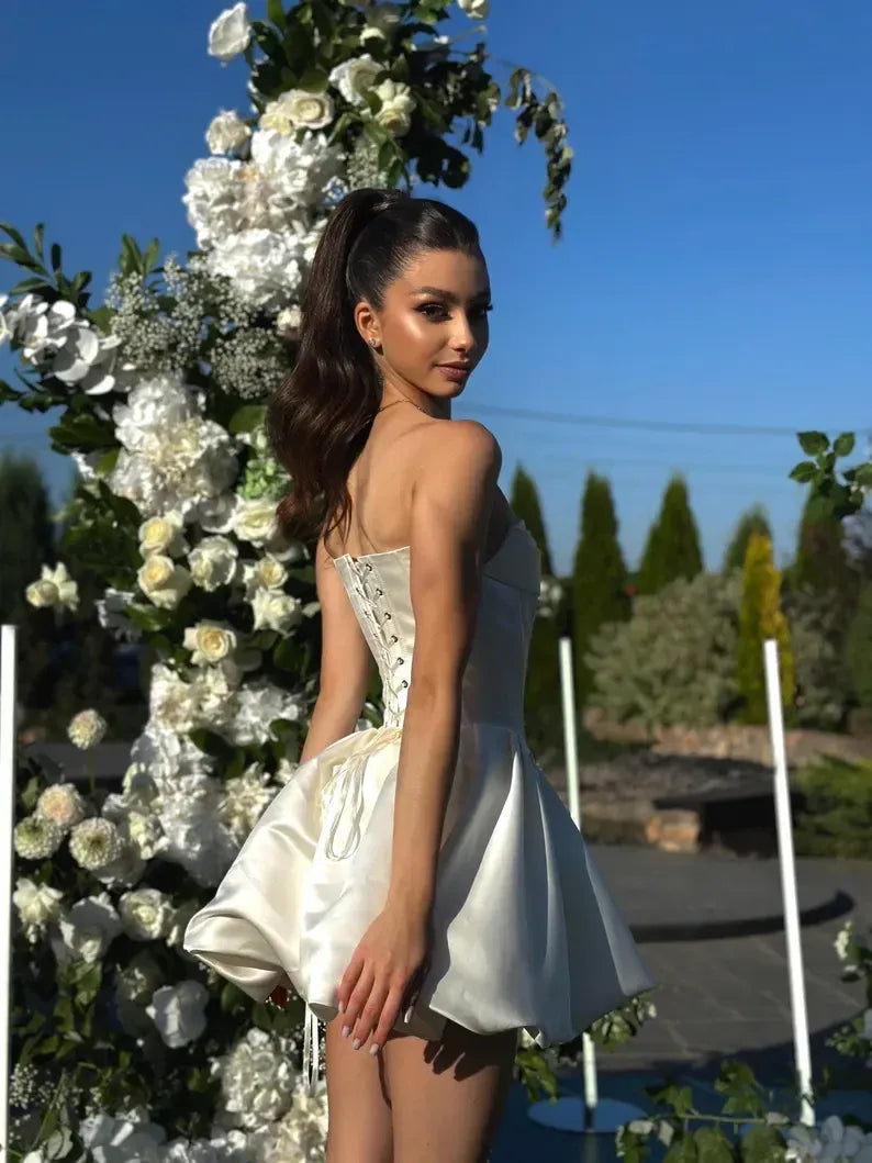 Ivory Strapless Corset Bubble Skirt Short Wedding Homecoming Dress