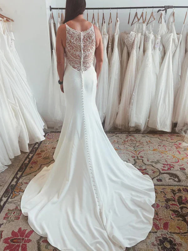 Jewel Sleeveless Mermaid Crepe Wedding Dress for Brides Timeless Glamour with Jewel Detailing