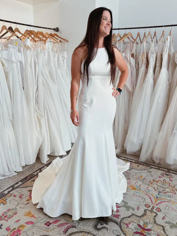 Jewel Sleeveless Mermaid Crepe Wedding Dress for Brides Timeless Glamour with Jewel Detailing