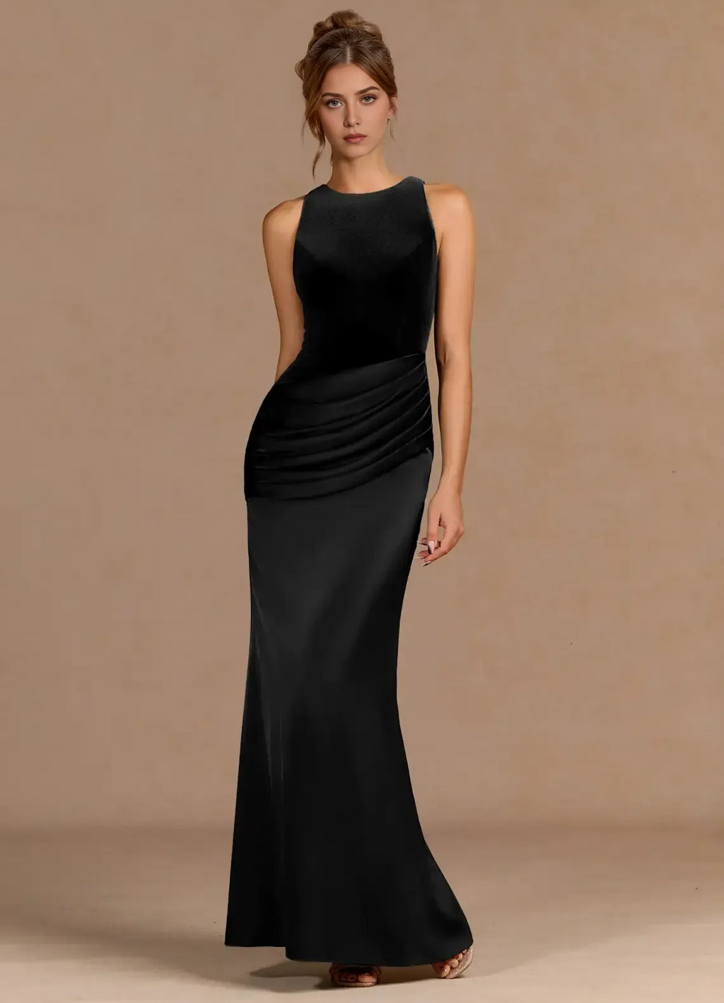 Keyhole Back Sleeveless Velvet Mermaid Ruched Bodice High Slit Floor Length Female Prom Dress