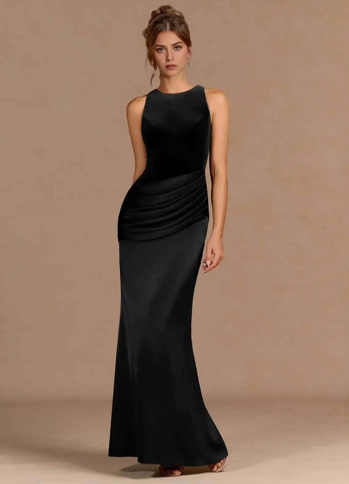 Keyhole Back Sleeveless Velvet Mermaid Ruched Bodice High Slit Floor Length Female Prom Dress